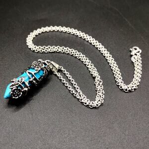 925 Silver Necklace W/ Blue Turquoise Crytsal Boho Floral Vine Vtg Birthday Gift